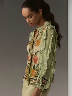 NWT Bl-nk Gillina Floral Ruffle-Trim Button Front Blouse
